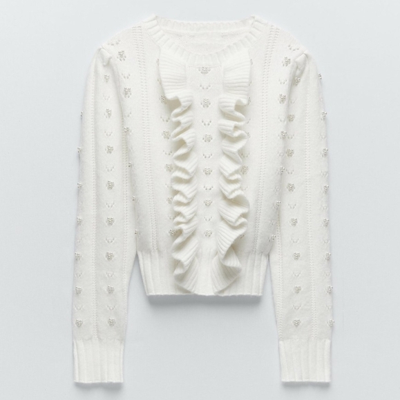 INDUSTRY Republic Clothing Wool Blend Pearl Ruffle Sweater Ivory Women's XS - Picture 3 of 9